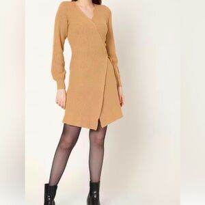 Vero Moda Large Wrap Crossover Ribbed Knit Sweater Dress Tan Business Casual New